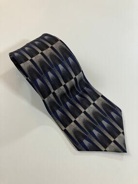 Vintage 90s Conte di Milano Silk Tie 57x4 Geometric Blue Black Handmade USA